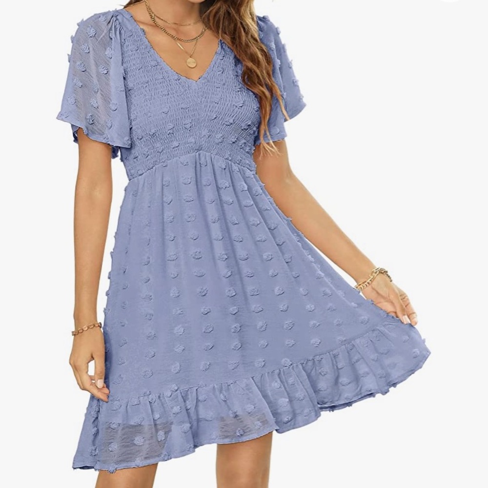 Smocked Flutter Sleeve V Neck Ruffle Mini Babydoll Dress